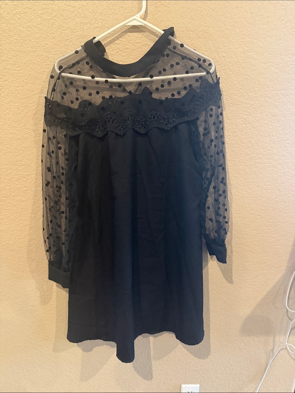 SHEIN Black Polka Dot Lace Yoke Long Sleeve Dress